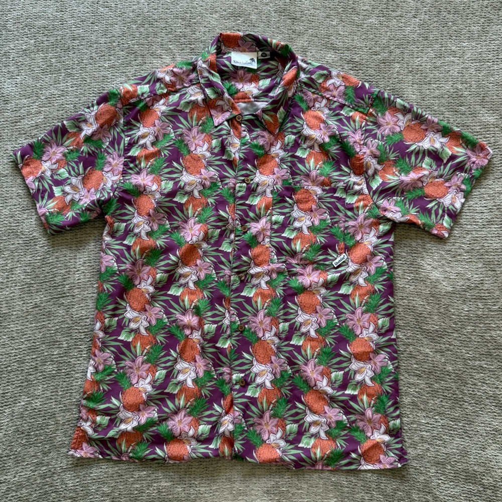 Boardies‎ Hawaiian Pineapple Floral Button Up Shirt Purple Green Size M